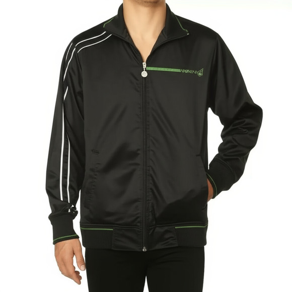 Volcom Track Jacket Mens Large Black/Green Pinstripe Full Zip Ribbed Collar Y2K - Picture 1 of 16